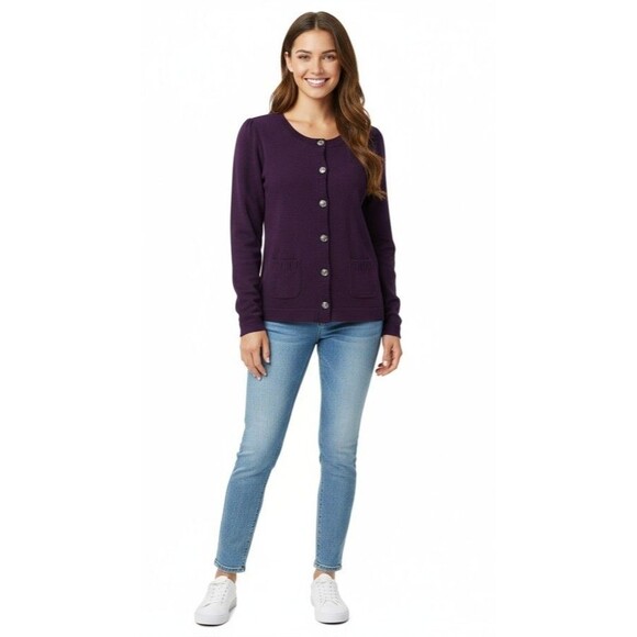 Chaps Classic Purple Cardigan M Lightweight Decorative Buttons Pockets Sweater - Picture 1 of 6